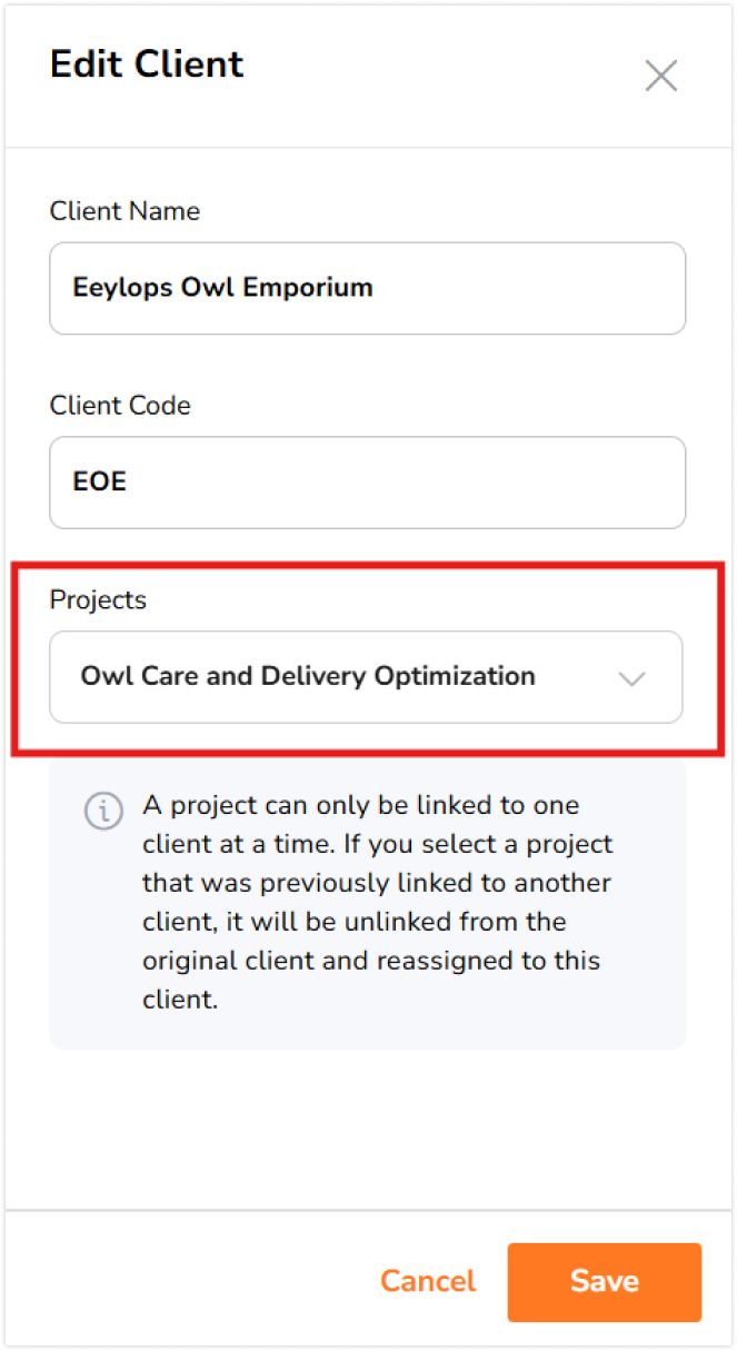 Project field on clients sidebar