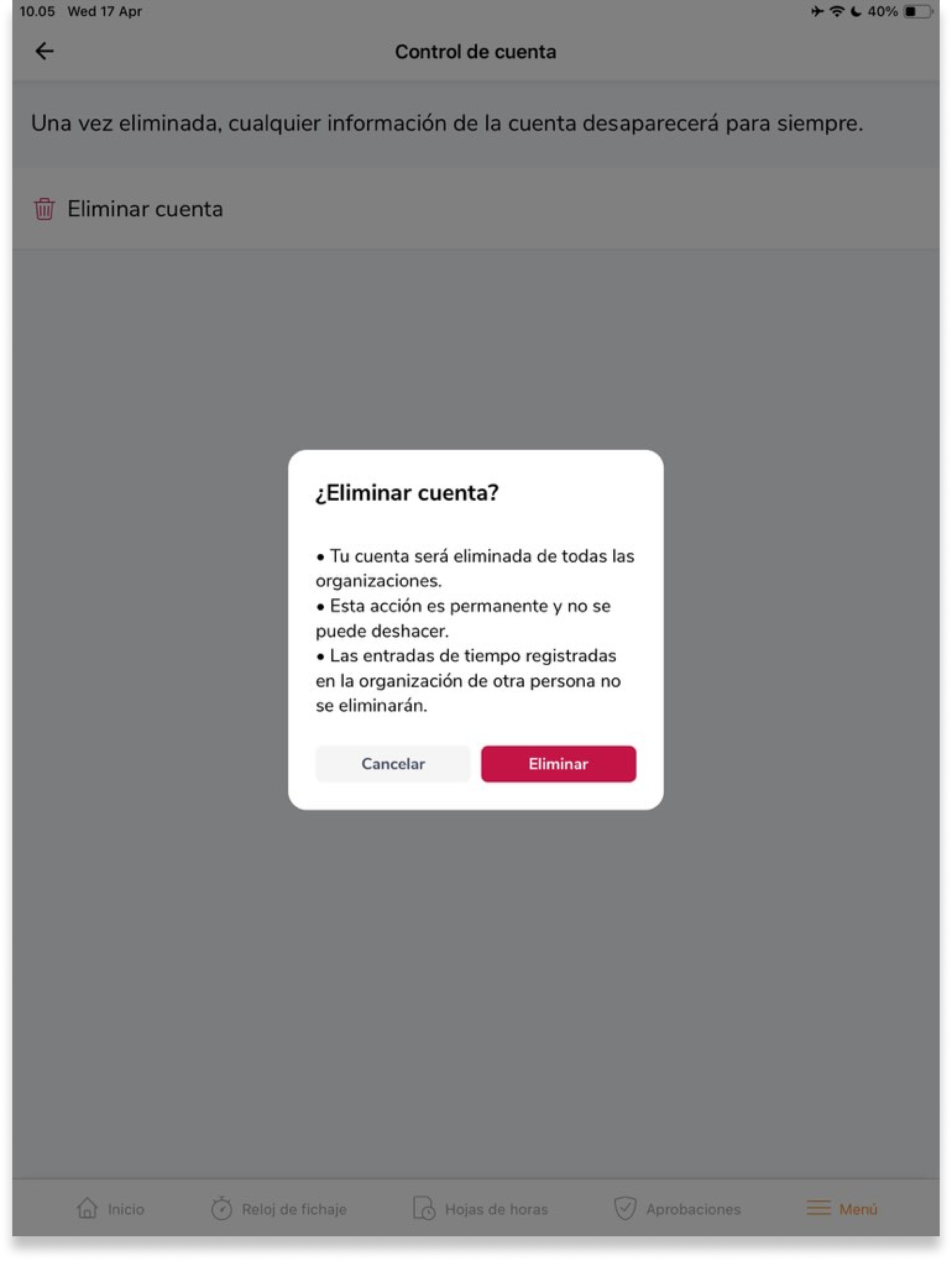 La primera ventana informa al usuario de las consecuencias de la acción y la segunda le informa de las organizaciones [nombradas] de las que se eliminará su cuenta.