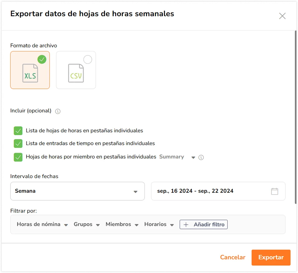 Sidebar to export timesheets