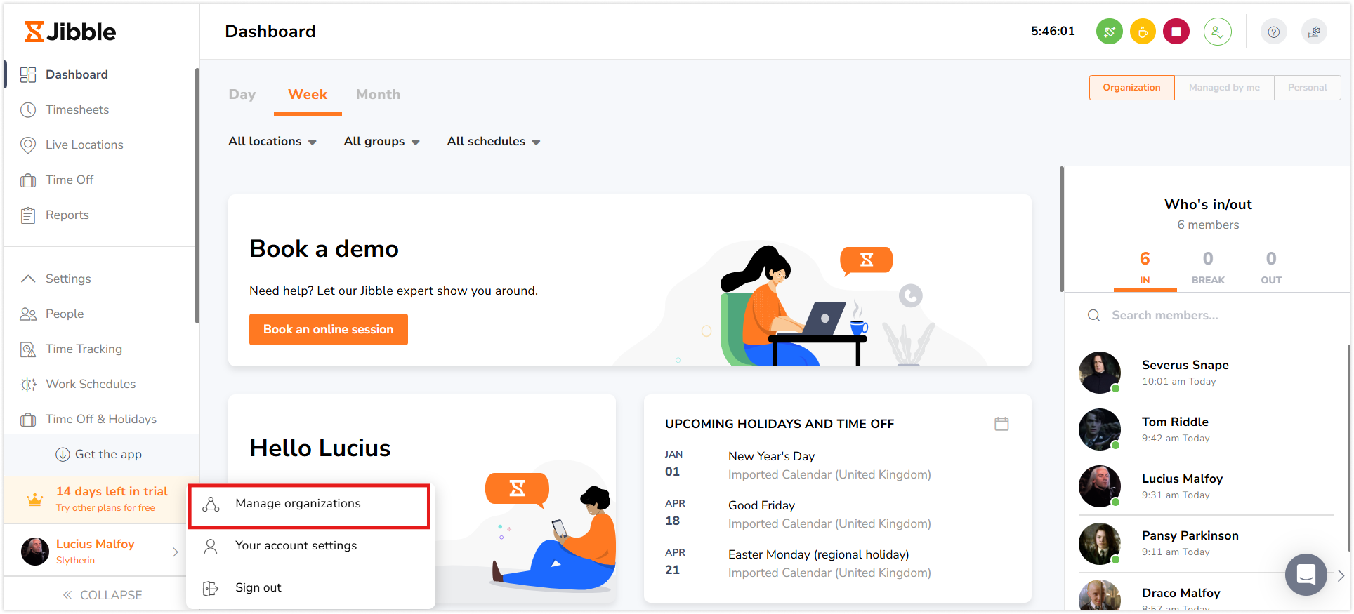 Manage organizations button on web app