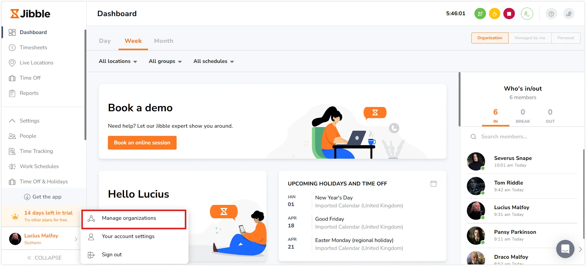 Manage organizations button on web app