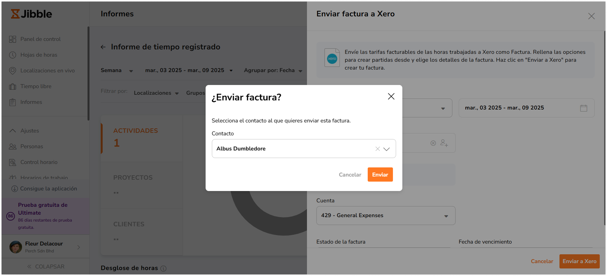 pop-up message to send tracked time report to Xero