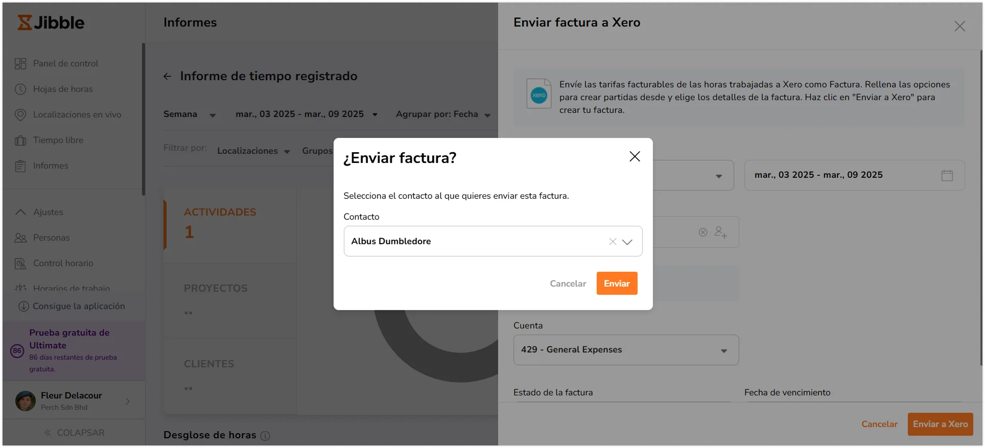 pop-up message to send tracked time report to Xero