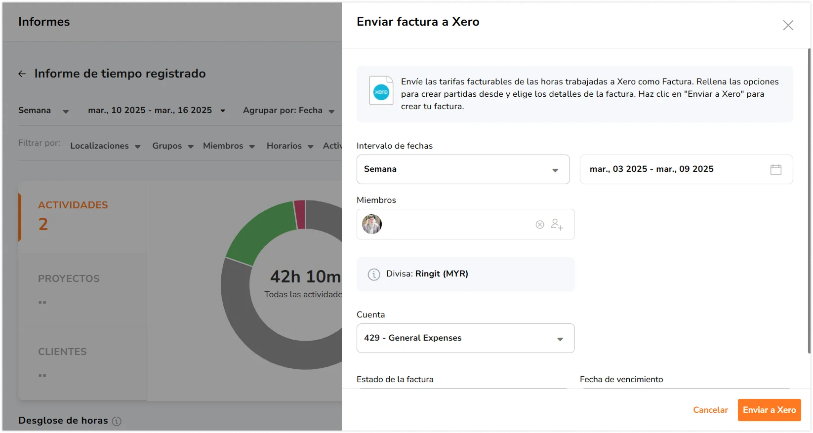 Sidebar to export tracked time report to Xero