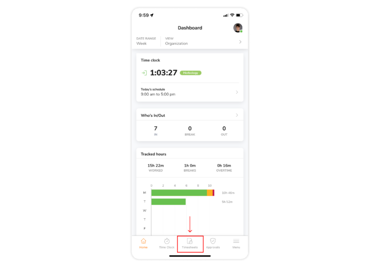 Accessing timesheets in mobile app dashboard