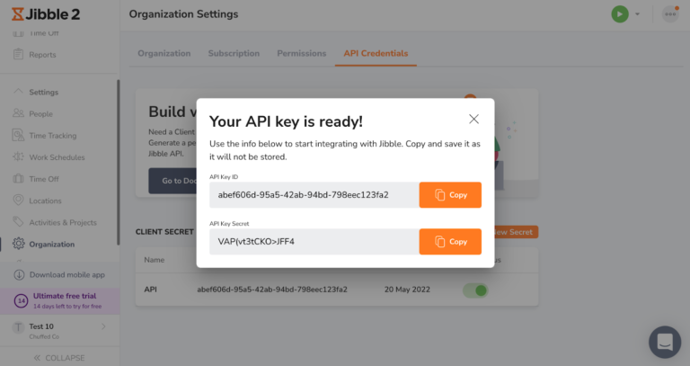 Your Jibble Dahsboard API Keys have been created 