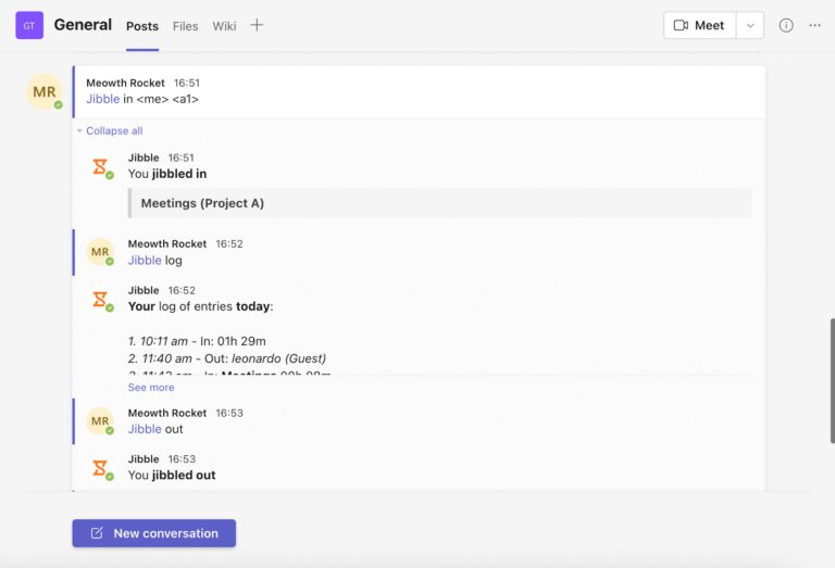 Start using the Jibble bot in your team chats to clock in or out, see who's working and more.