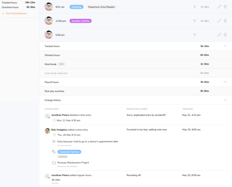 Jibble check time entry in change history