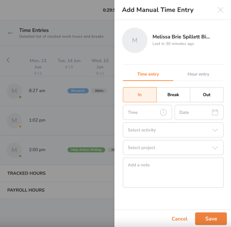 Choose Time Entry and the type of entry you want to add: In | Break | Out.