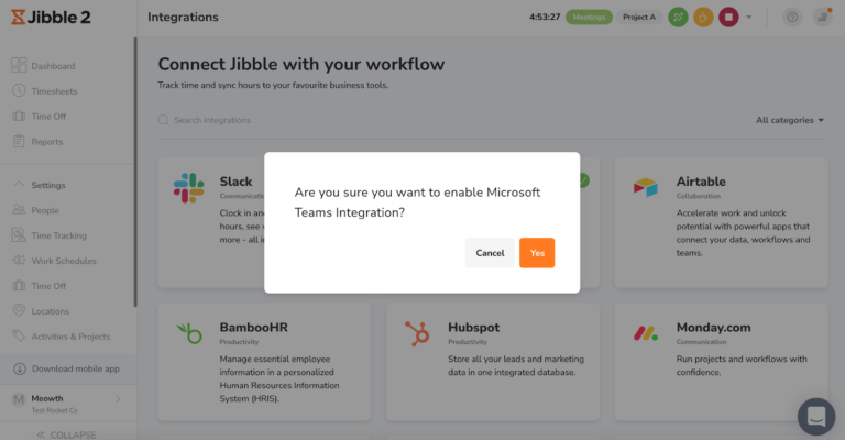 Clicking on the link will redirect you to Jibble to enable the MS Teams integration. Click on Yes.
