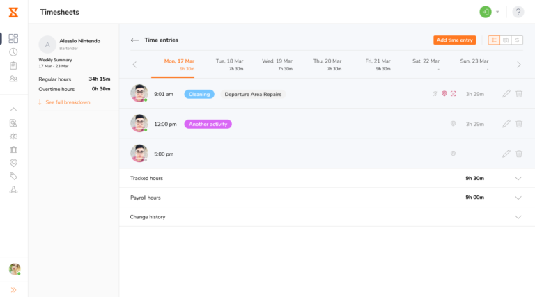 Detailed personal timesheet view