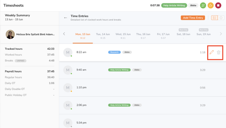 Jibble dashboard delete timesheet entries