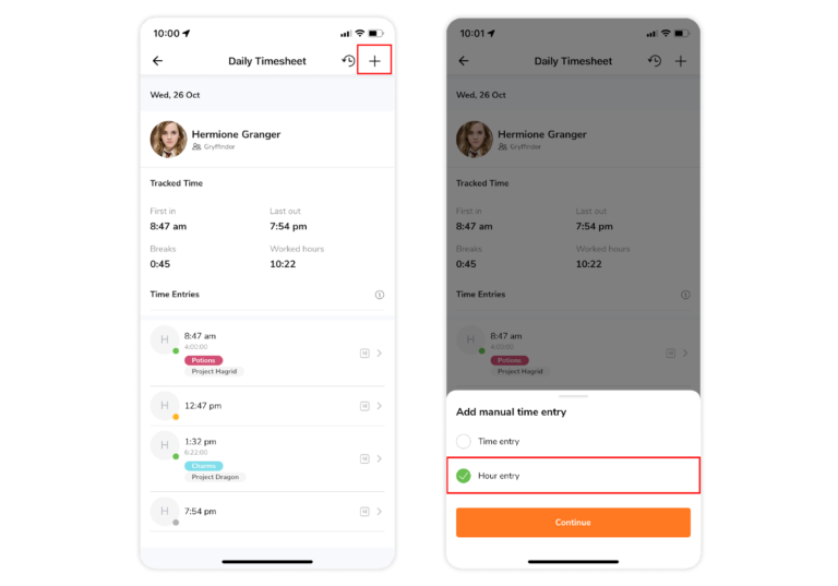 Select “Hour entry” and tap on Continue.
