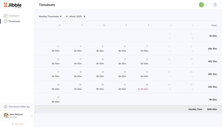 Monthly personal timesheet