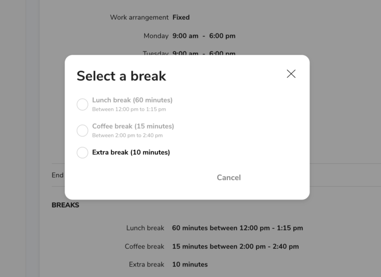 After setting up your custom break on your work schedule, you can now choose which break to clock into.
