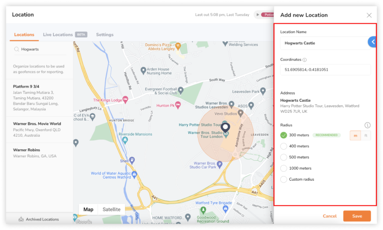Select the radius of the location.