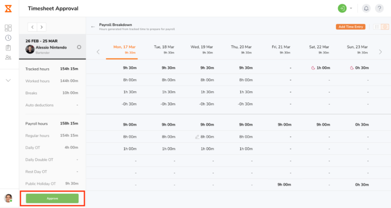 Approvals can also be made on the detailed pay period timesheets by clicking on the green Approve button on the left sidebar.