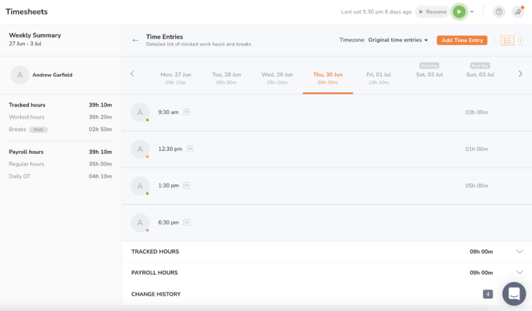 Upon clicking on a member's daily hours on the main timesheet view you see, you will see a detailed personal daily timesheet with a detailed breakdown of the member's timesheets. This is where you can manage their time entries and track hours.