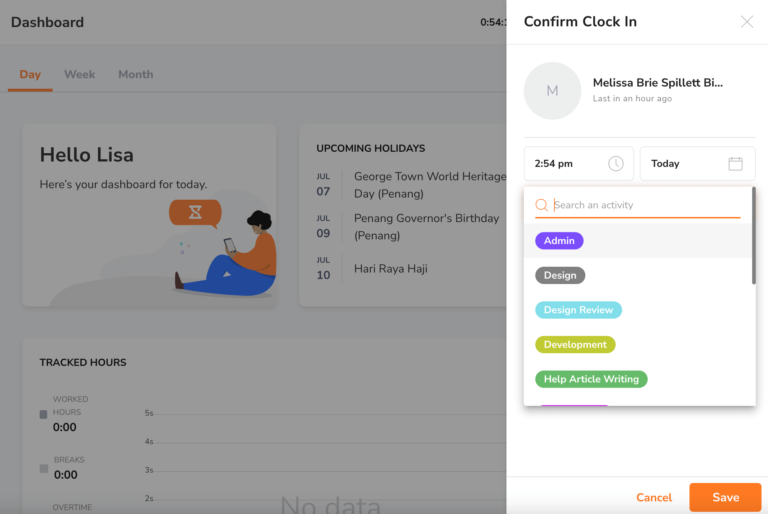 Jibble's work management system displaying its activity and project tracking feature.