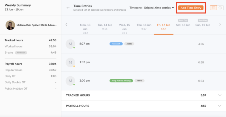 Tracking time for a team member