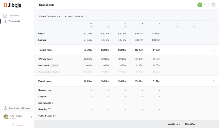 Weekly personal timesheet
