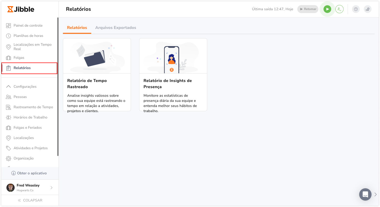 Aba de relatórios do Jibble