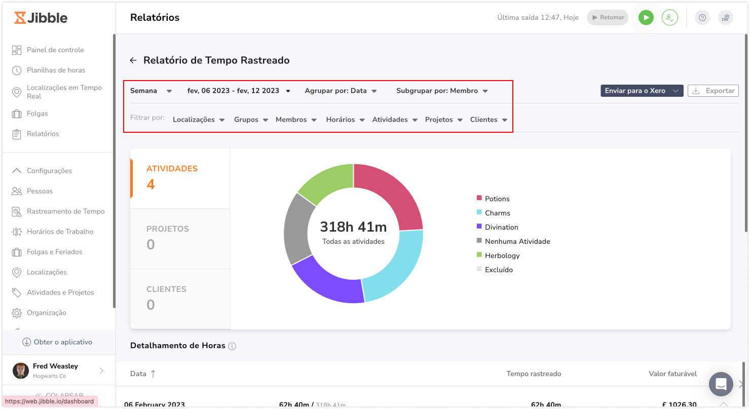 Filtros do Relatório de Tempo Rastreado