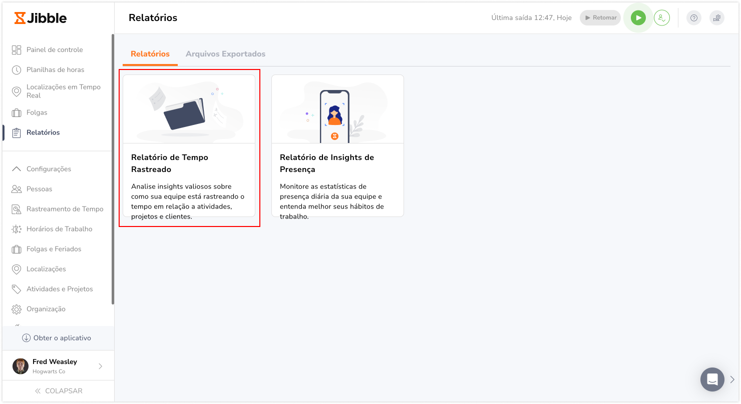 Relatório de tempo rastreado na aba de Relatórios
