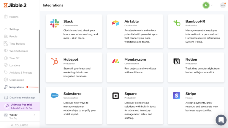 Jibble Linked integrations dashboard