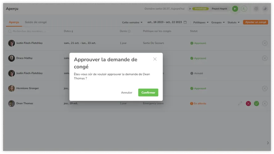 Demande d'approbation de la demande de congé d'un membre de l'équipe