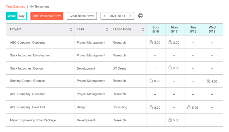 BigTime dashboard interface of timesheets