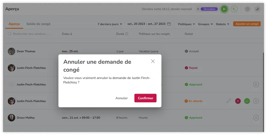 Demande d'annulation de la demande de congé d'un membre de l'équipe