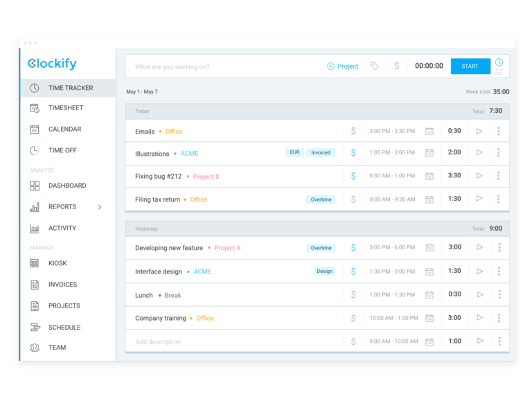 Clockify Web layout showing time tracking, calendar and reports.
