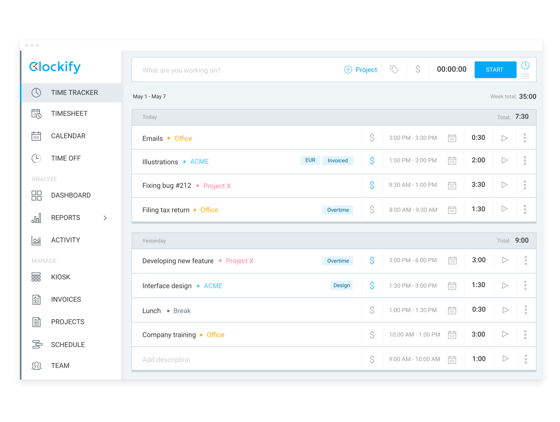 Clockify Web layout showing time tracking, calendar and reports.