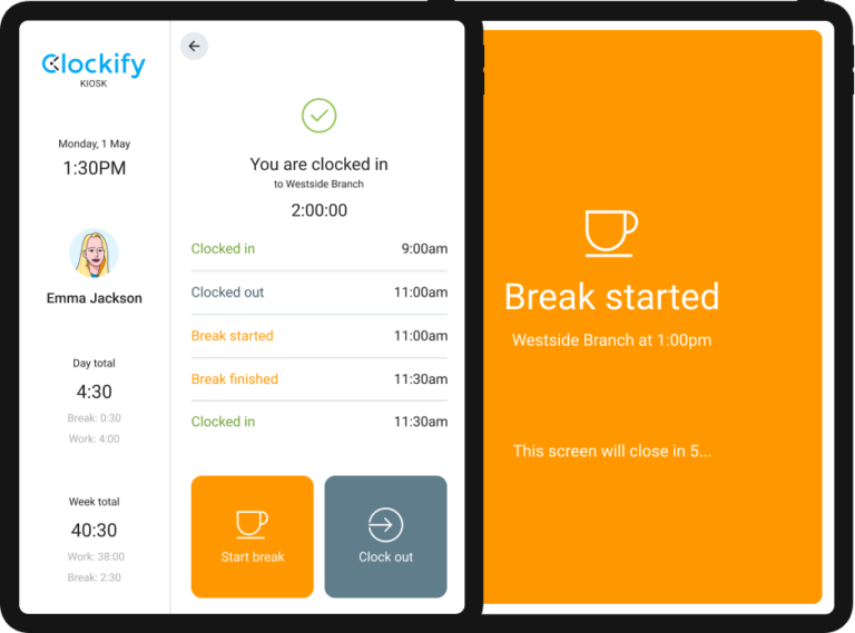 Screenshot of Clockify kiosk break interface