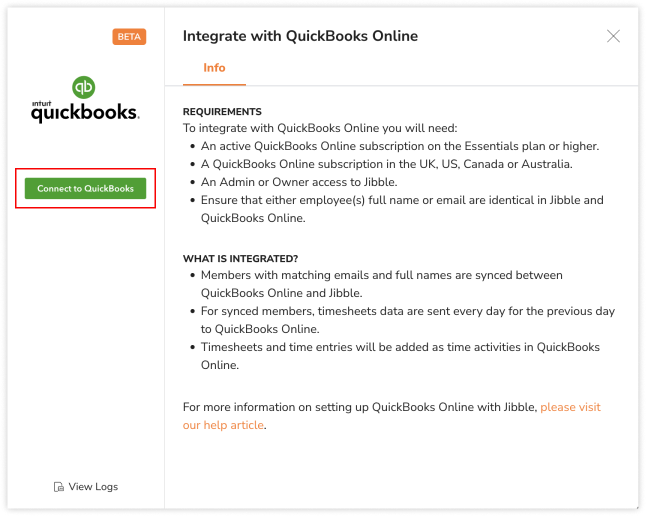 Button to connect Jibble to QuickBooks