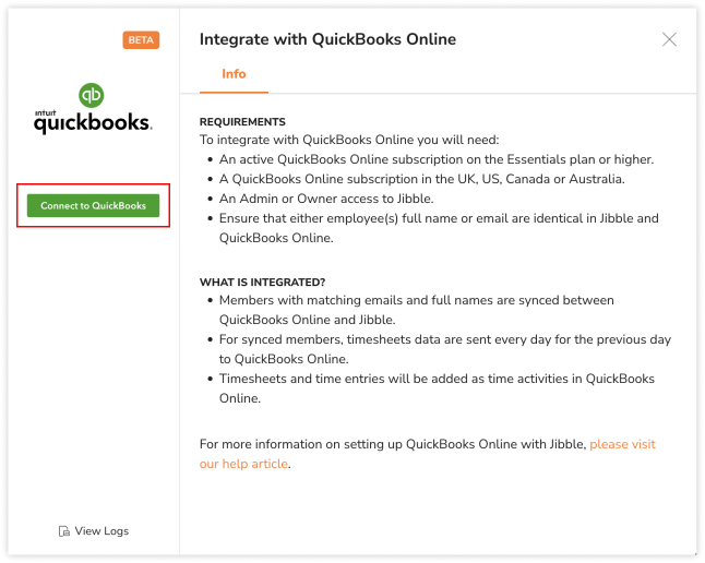 Przycisk łączący Jibble z QuickBooks Online.