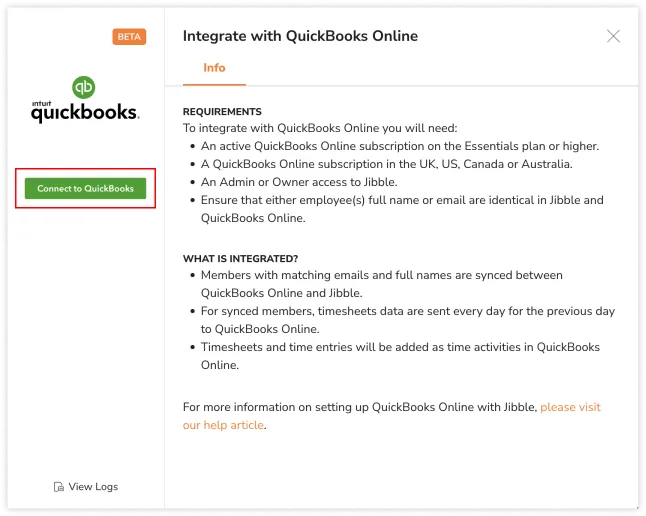 Przycisk łączący Jibble z QuickBooks Online.