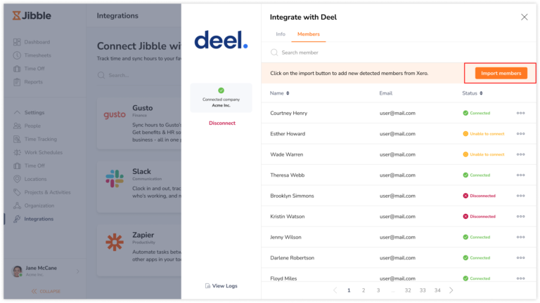 Import members button on Deel integration members tab