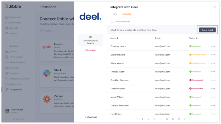 Run a check button on Deel integration members tab