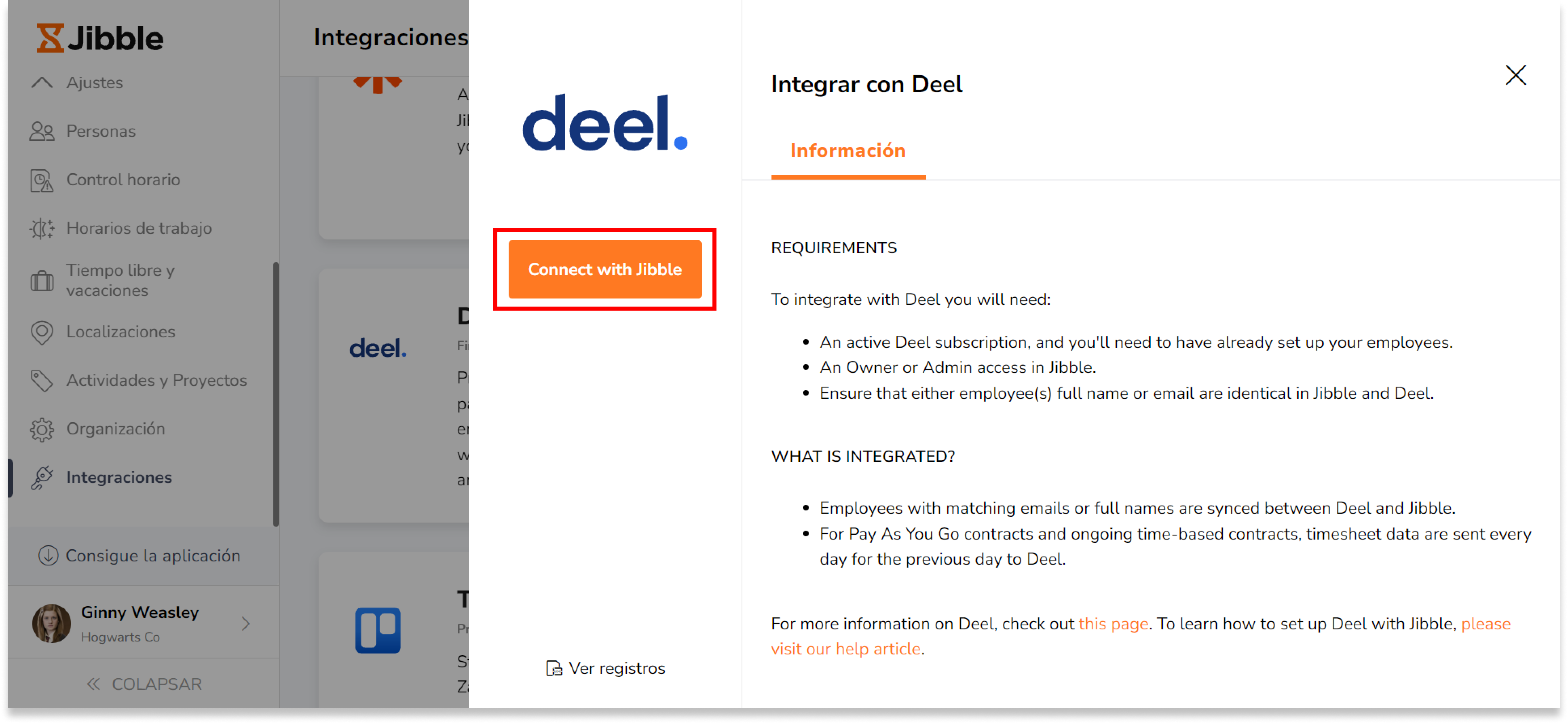 Verás un modulo que se integra con Deel. Haz clic en "Conectar con Jibble". 