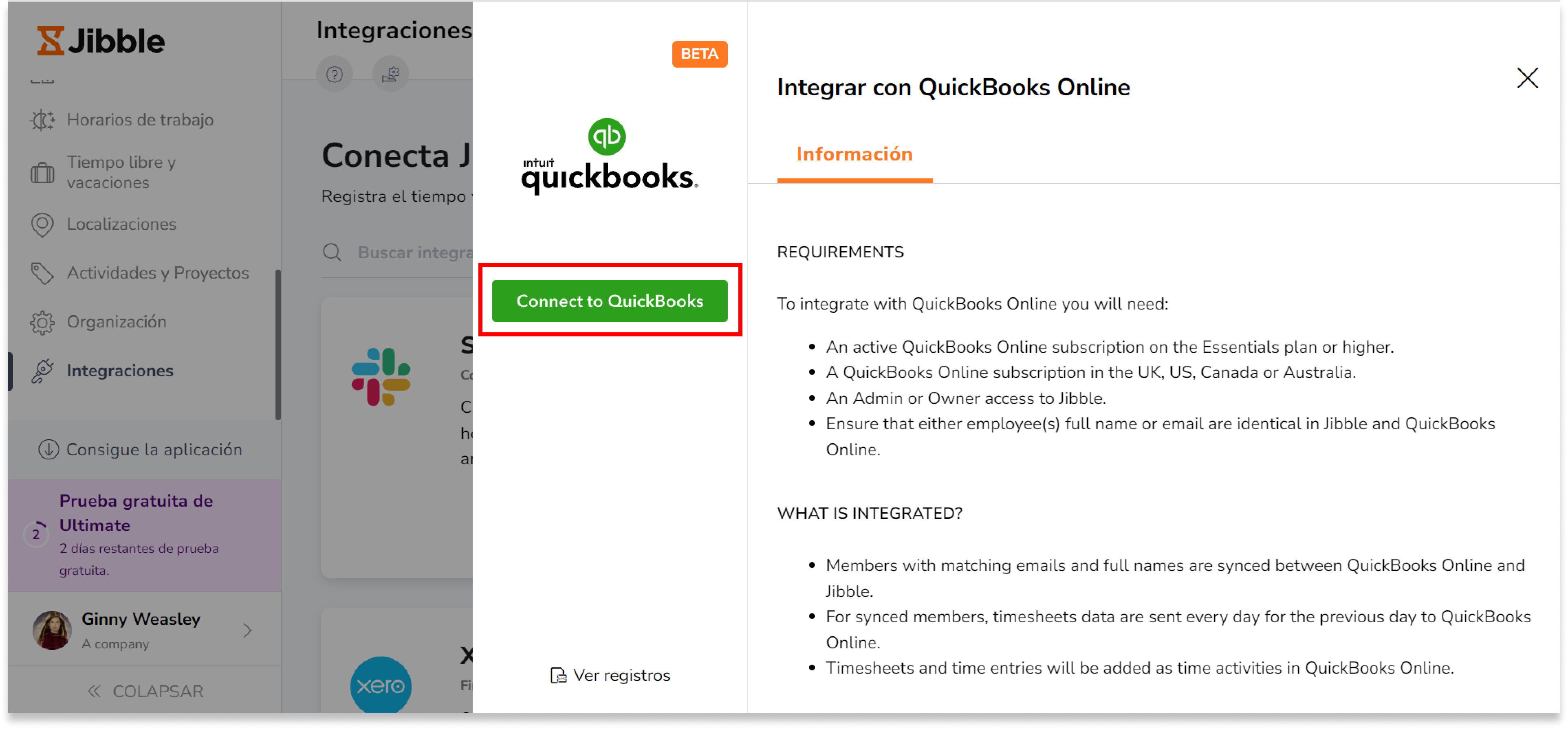 Verás un modulo que se integra con QuickBooks Online. Haz clic en "Conectar con QuickBooks".