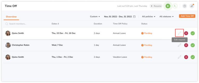 Editing pending time off request for a team member