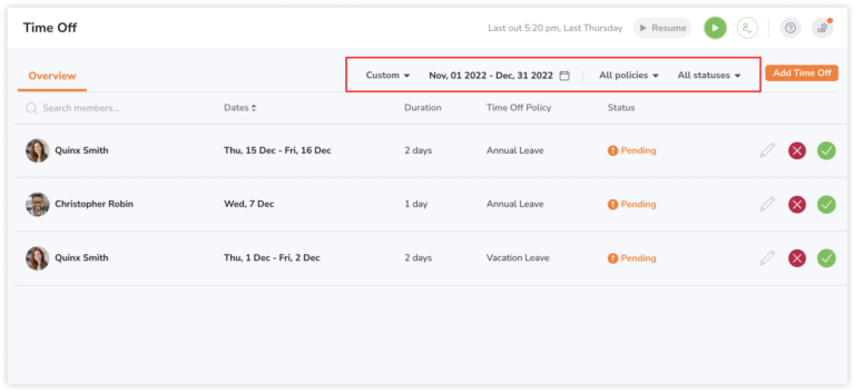 Filter time off by date, policies and statuses