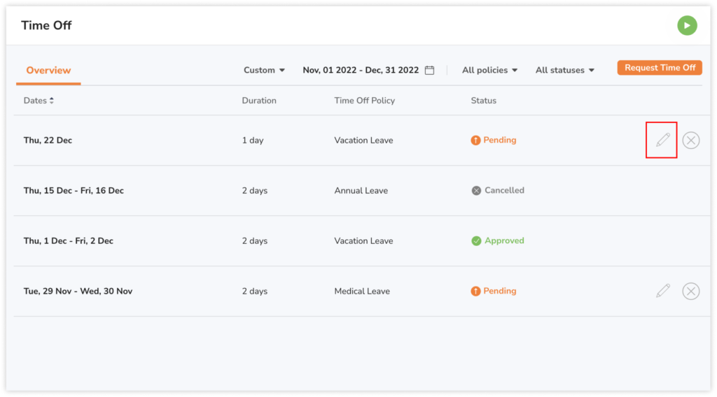 Editing pending time off requests
