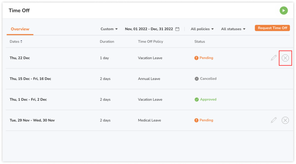 Cancelling pending time off requests