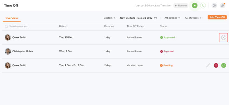 X icon to cancel pending time off requests for a team member