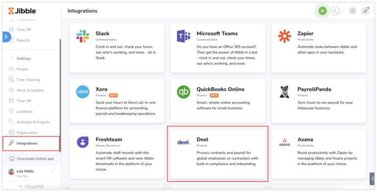 Selecting Deel from the integrations page