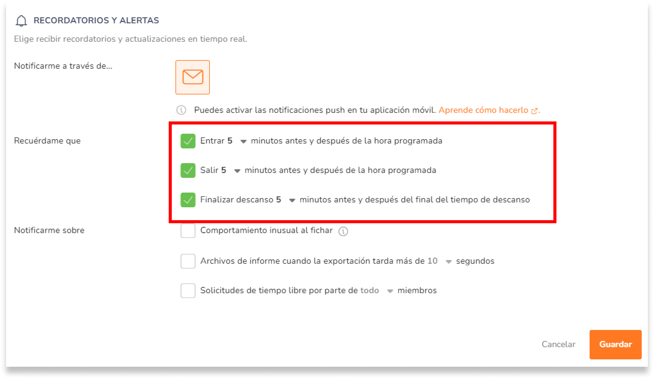 En Recordatorios y alertas, selecciona las casillas de verificación de los recordatorios y notificaciones que deseas recibir.