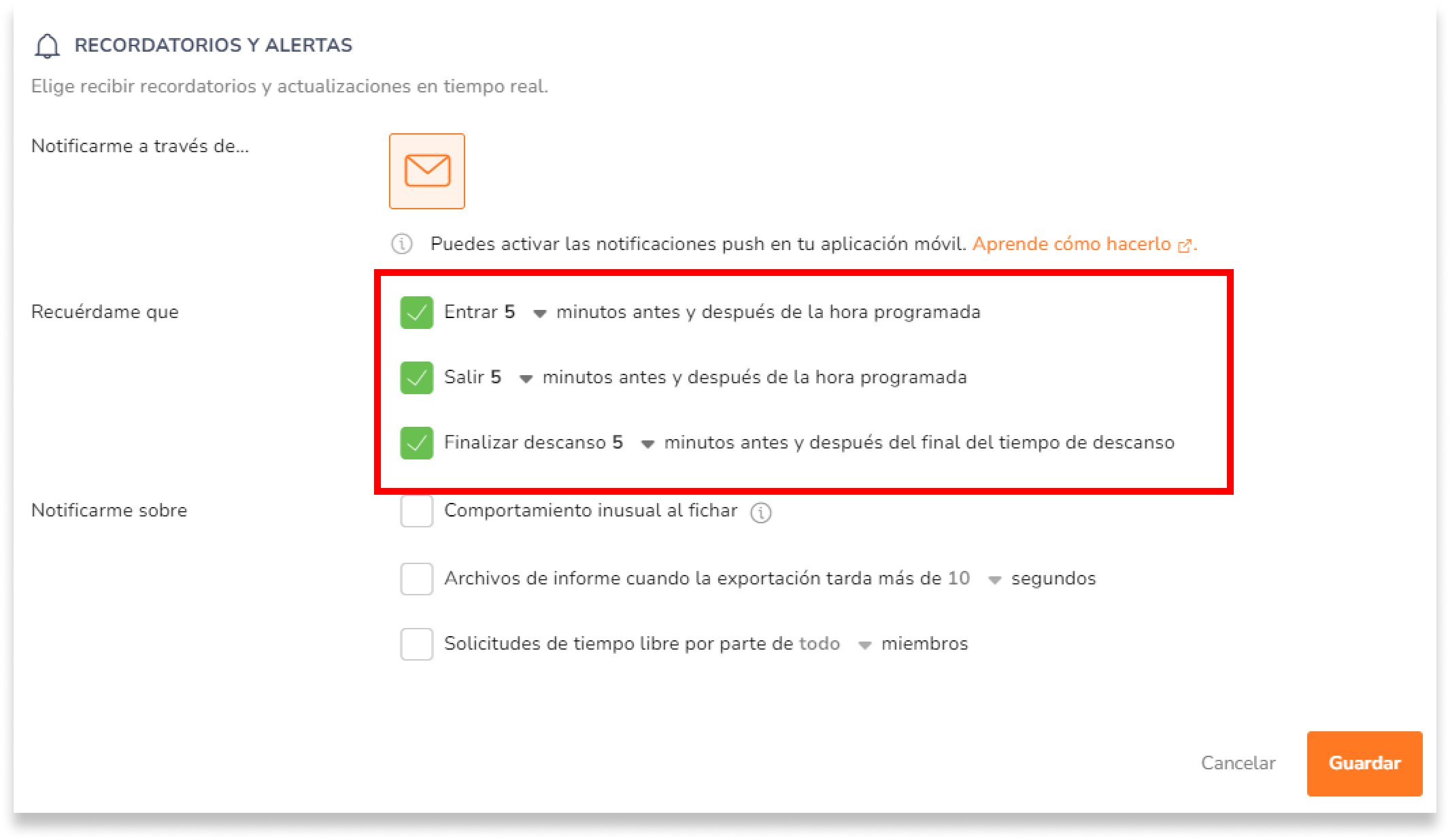 En Recordatorios y alertas, selecciona las casillas de verificación de los recordatorios y notificaciones que deseas recibir.